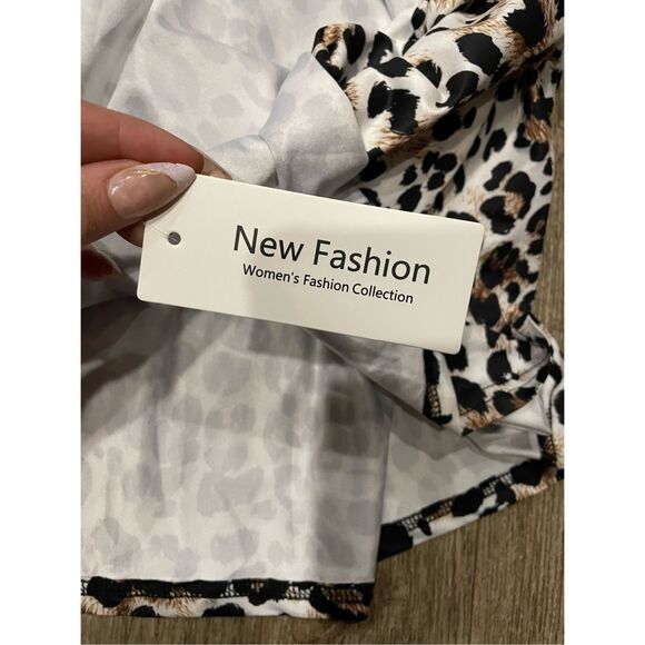 New Fashion Blue and Cheetah Print Tiered Dress L New - Picture 3 of 6